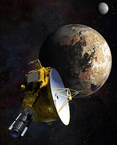 Vue artistique de la sonde New Horizons survolant Pluton