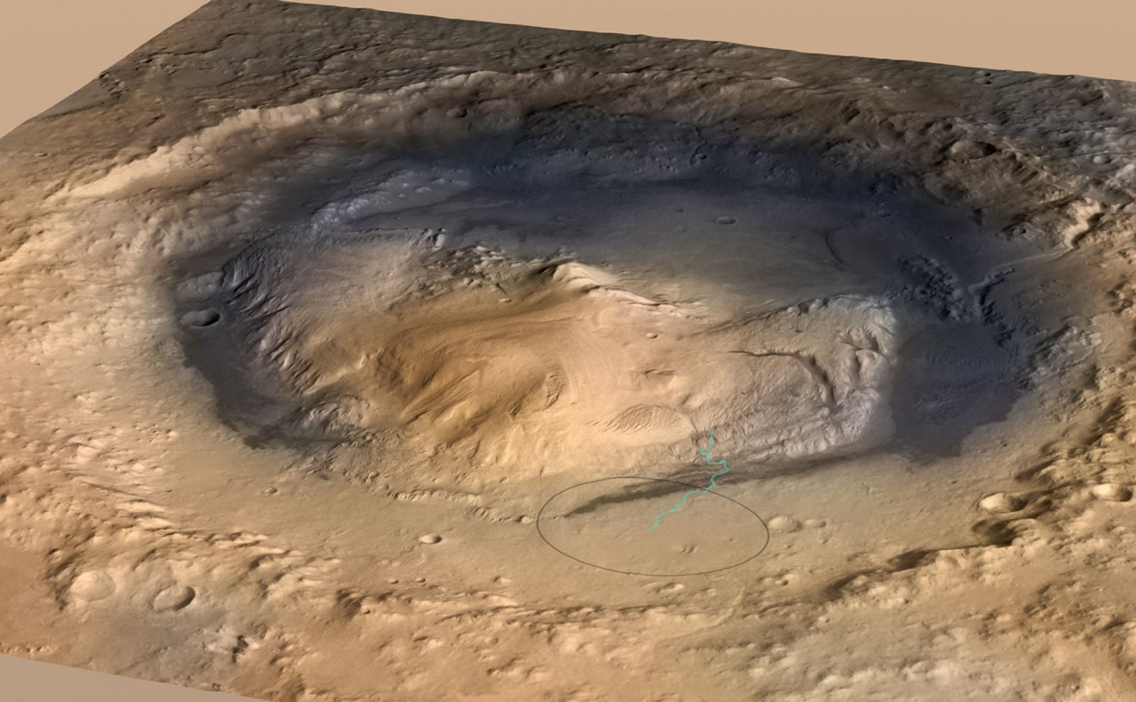 Mont Sharp cratère Gale Mars Curiosity vue orbitale contexte géologique mission NASA JPL