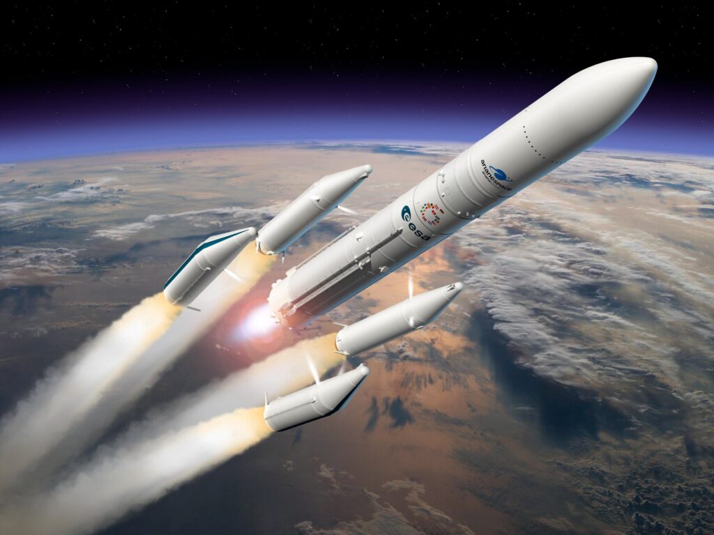 vue artistique d'ariane 6 avec ses 4 propulseurs